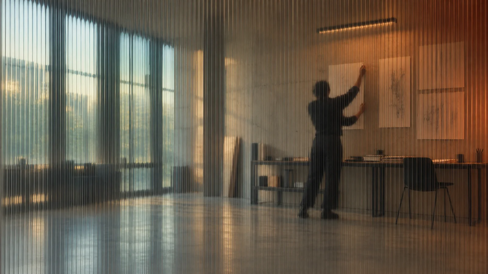 A person arranging notes on a studio wall, seen through fluted glass.